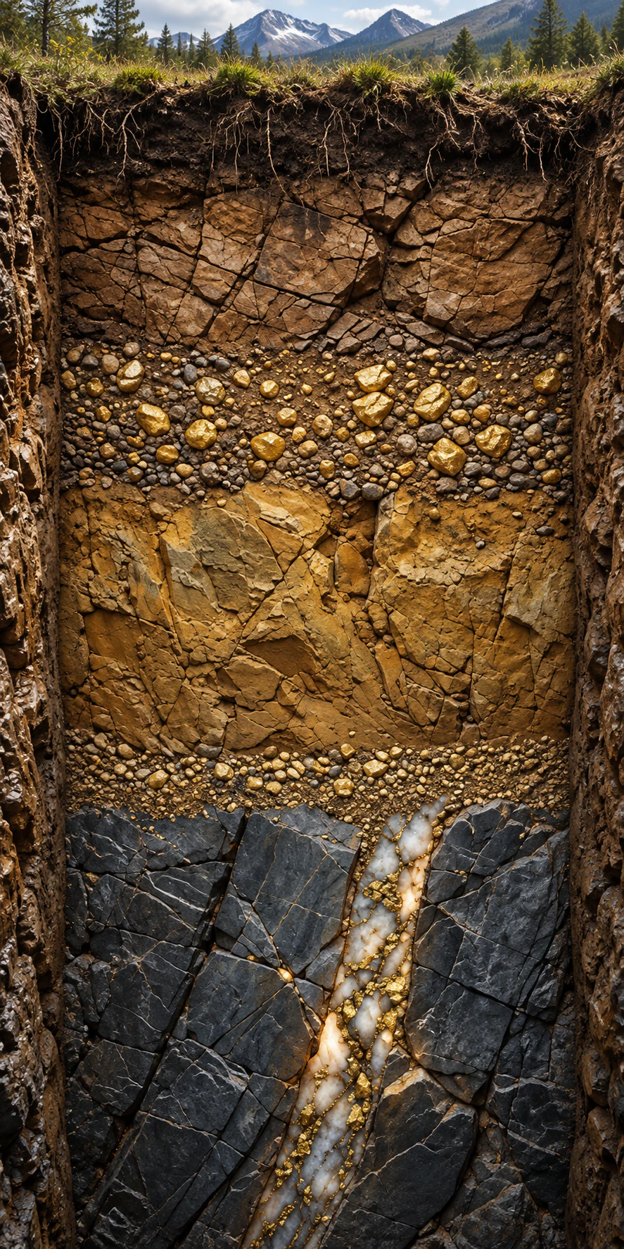 A grassy mountain surface above exposed roots, weathered rock, mineral gravel, ochre earth and dark bedrock containing a quartz and gold vein.